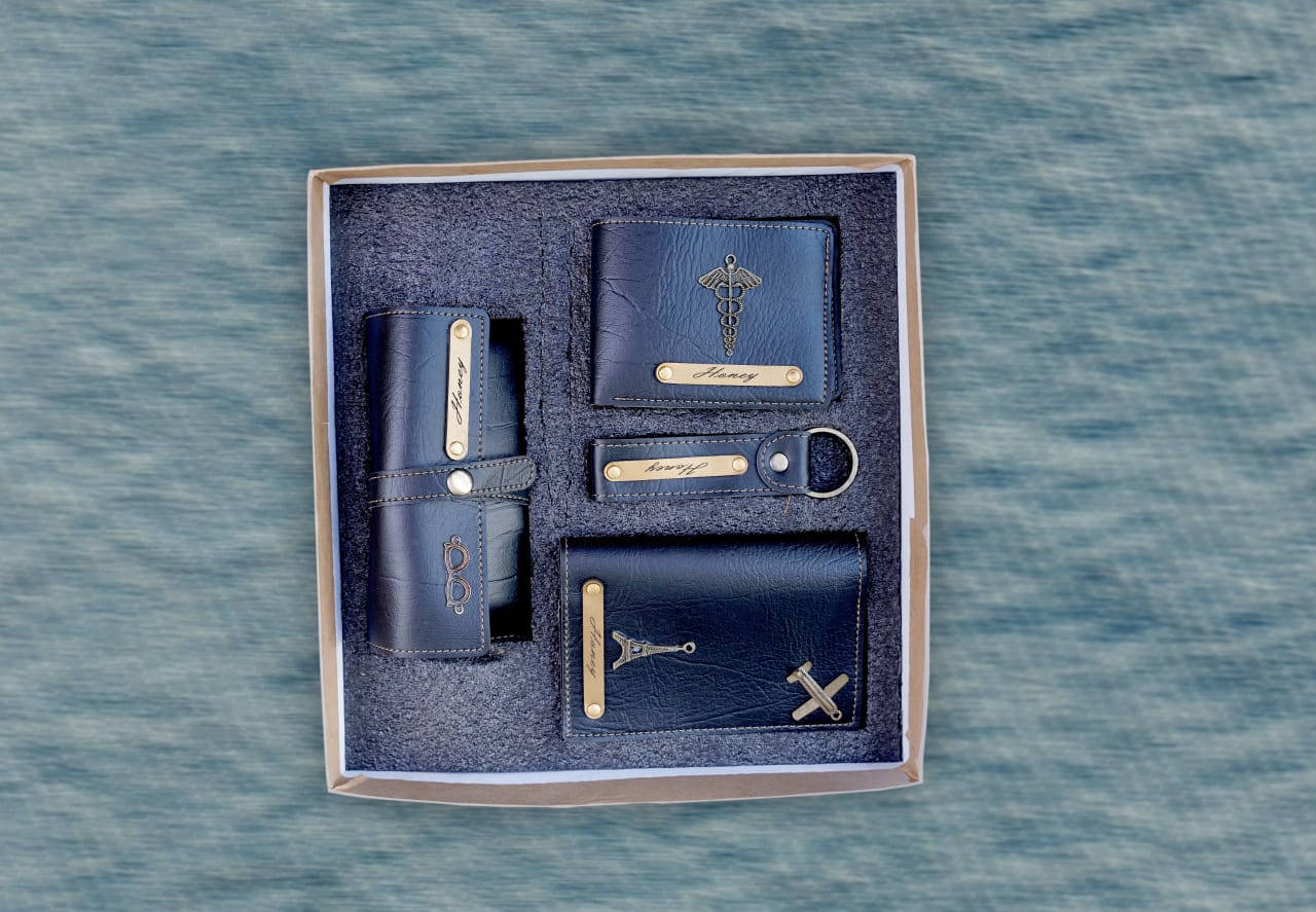 Personalized Men's Wallet, Keychain, Eyewear Case & Passport Cover with Name & Charm Gift Combo Set