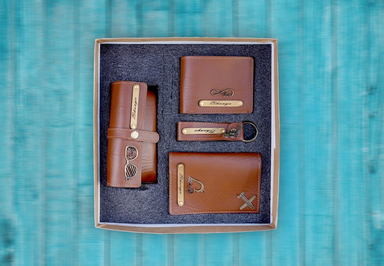 Personalized Men's Wallet, Keychain, Eyewear Case & Passport Cover with Name & Charm Gift Combo Set