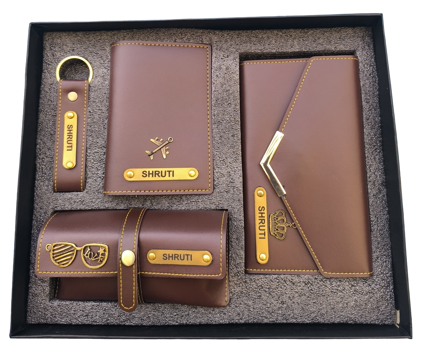 Personalised Women's Clutch, Keychain, Passport Cover & Eyewear Case Combo Set With Charm & Name