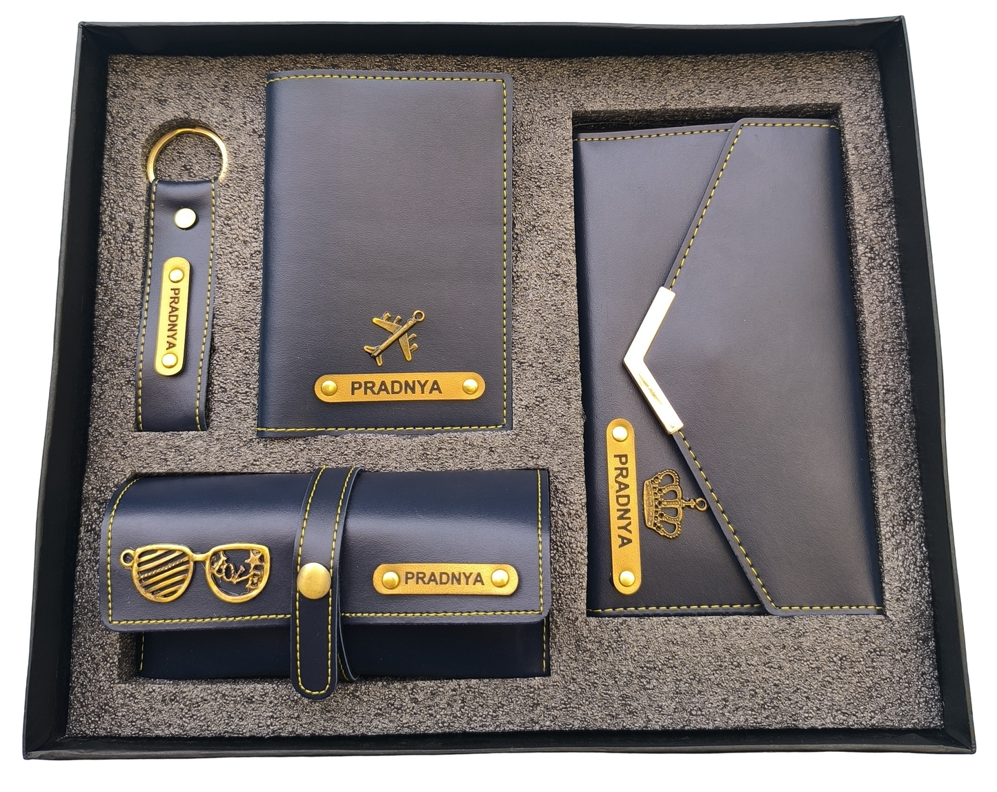 Personalised Women's Clutch, Keychain, Passport Cover & Eyewear Case Combo Set With Charm & Name